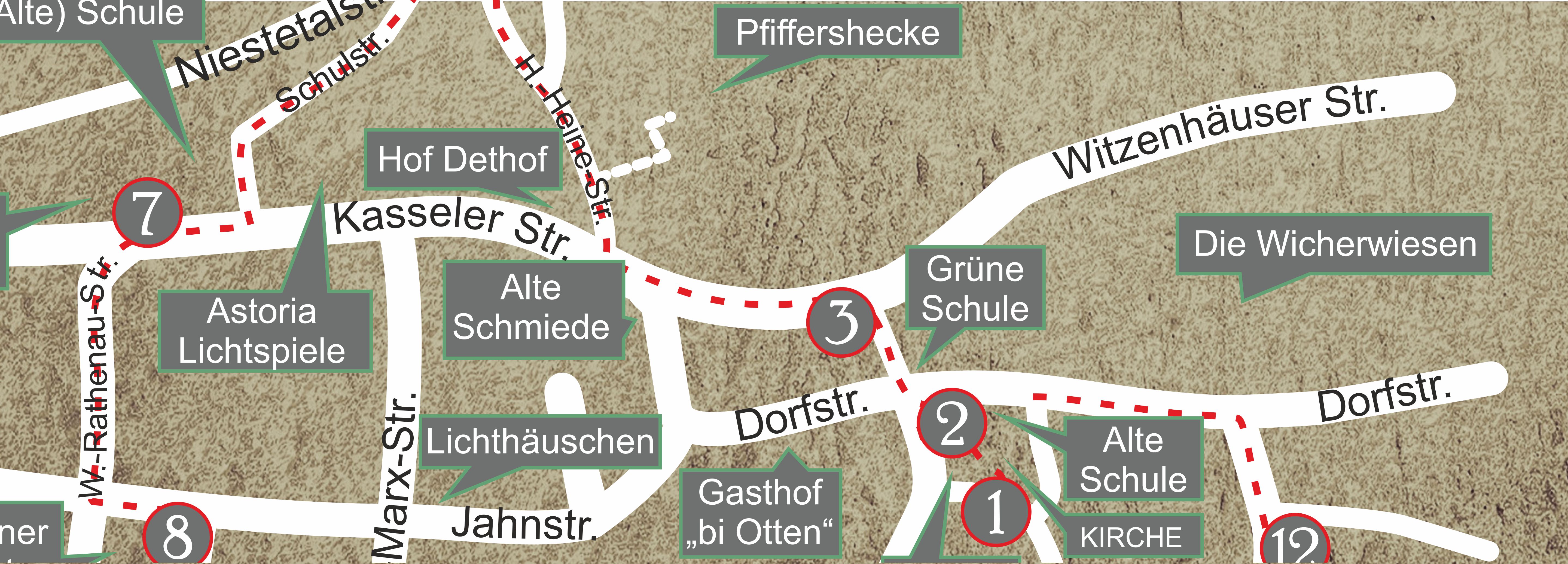 Karte mit der Tafel 2 am Dorfplatz und der Tafel 3 an der Witzenhäuser Str.